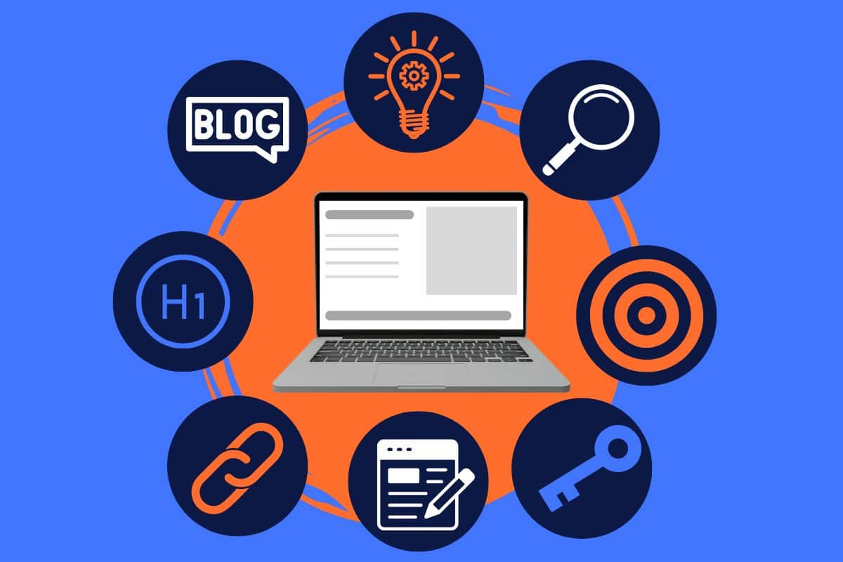 SEO content writing services illustration showing blog posts, keyword research, headlines, and content optimization elements surrounding a laptop