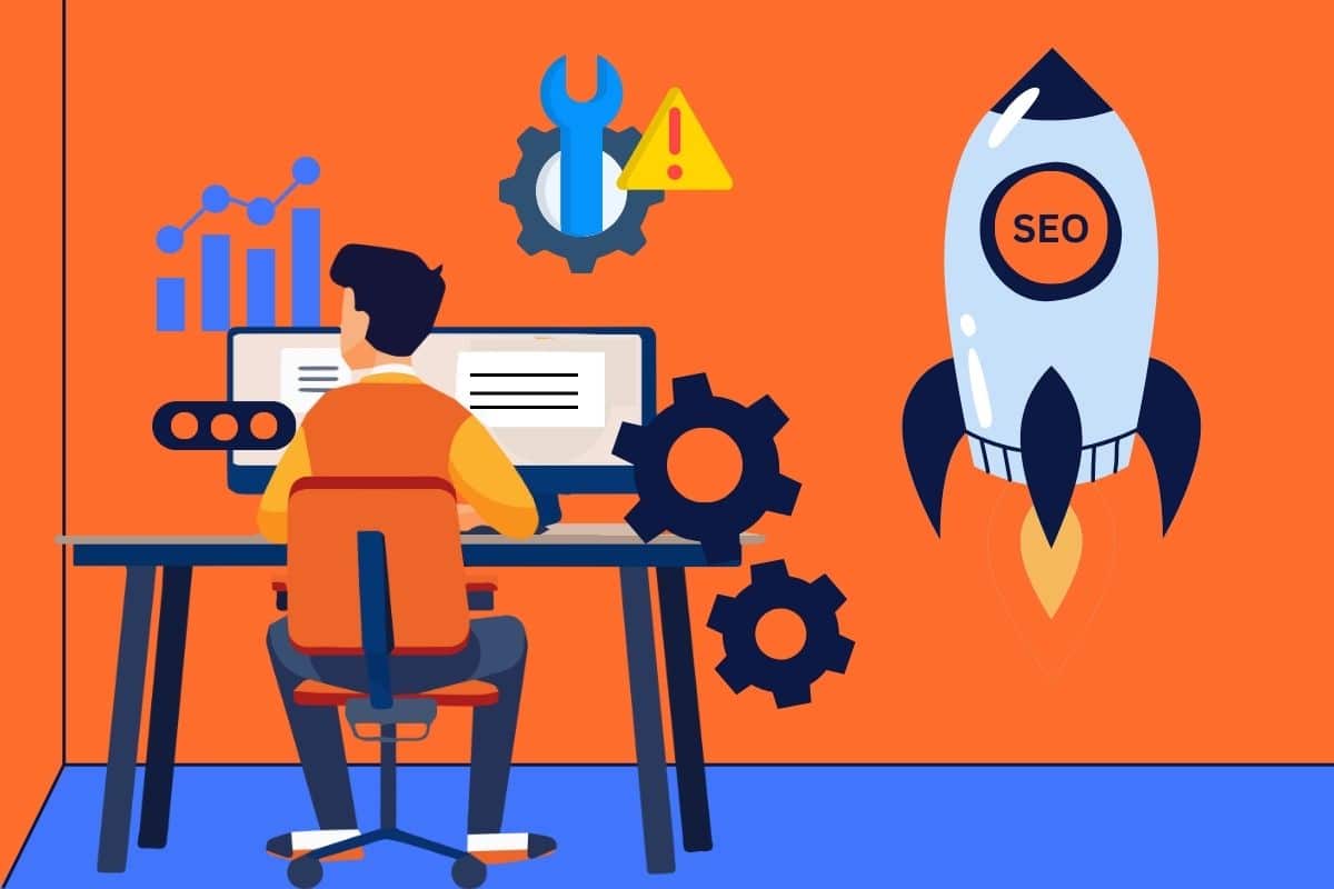 Technical SEO specialist analyzing website performance with tools, gears, and SEO rocket illustrating optimization and growth