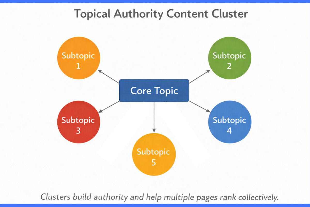Topical authority content cluster diagram showing a core topic page connected to multiple supporting subtopic pages through internal linking.