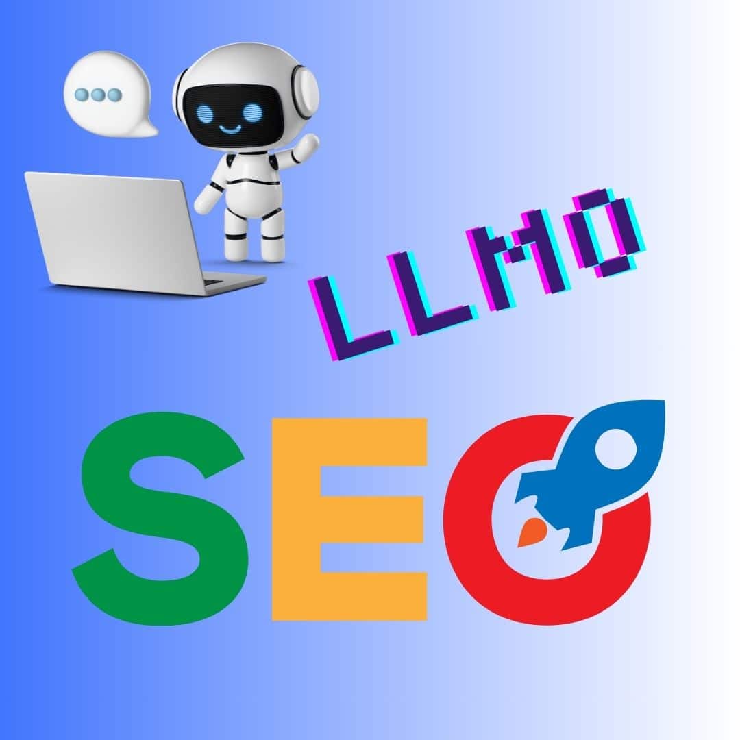 Illustration combining AI assistant and SEO symbols representing llmo definition, highlighting large language model optimization alongside modern search marketing concepts