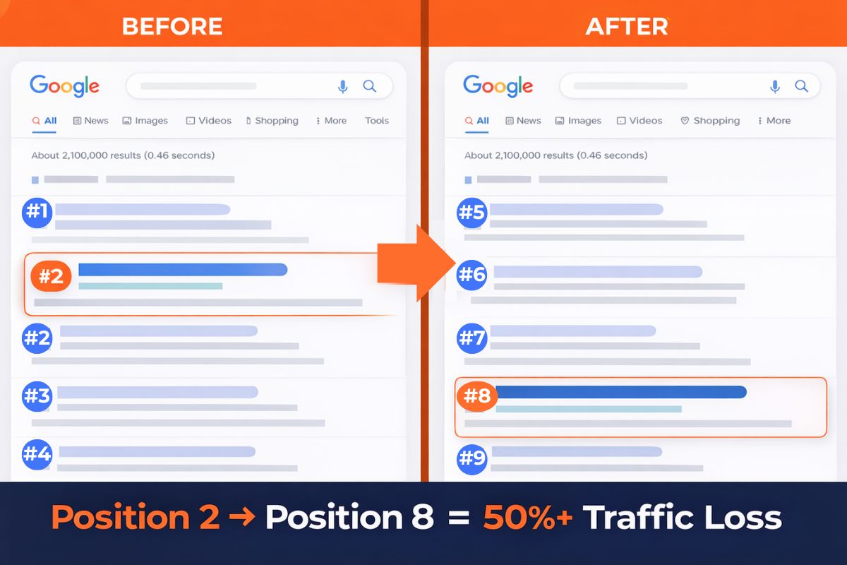Ranking drop illustration showing what happens when you stop SEO, with a Google search result falling from position 2 to position 8 and causing over 50 percent traffic loss
