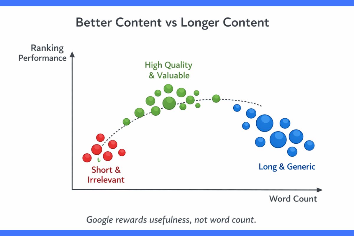 Content quality vs word count SEO chart showing how better content helps outrank competition on Google, with high-value pages ranking higher than long generic content.