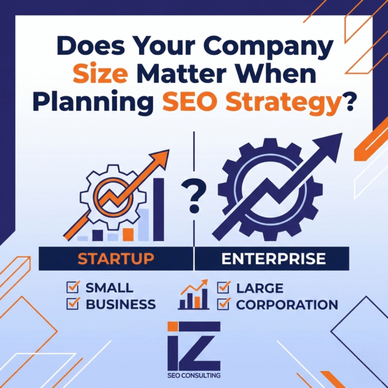 A visual with SEO and growth elements, along with the title "Does your company size matter when planning SEO strategy?"