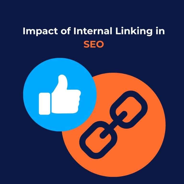 Impact of Internal Linking in SEO illustration with thumbs up icon and chain link symbol on dark background