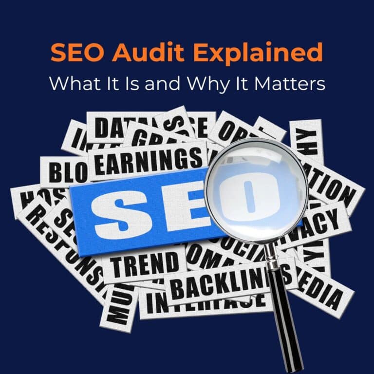 Illustration explaining what is included in SEO audit​, featuring a magnifying glass over the word SEO surrounded by search and marketing terms.