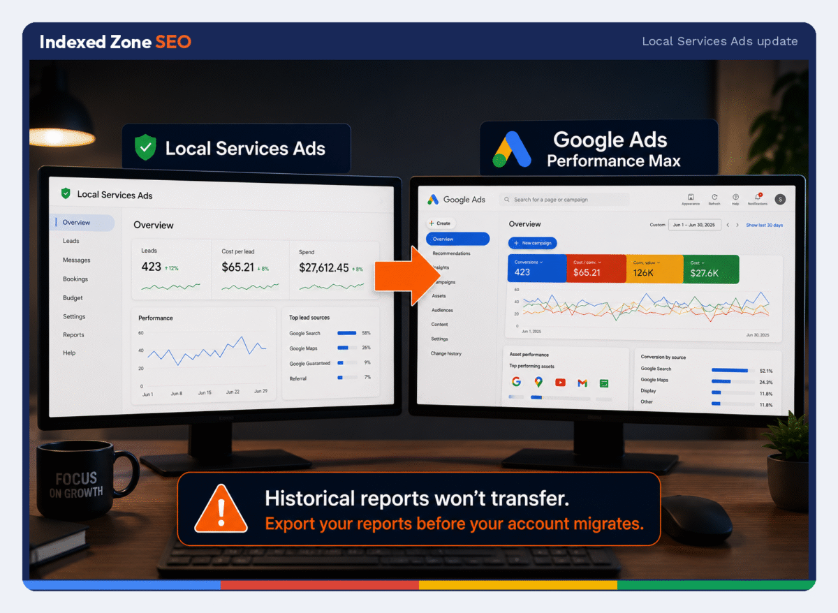 Local Services Ads dashboard moving into Google Ads Performance Max, with a warning that historical reports won't transfer, by Indexed Zone SEO