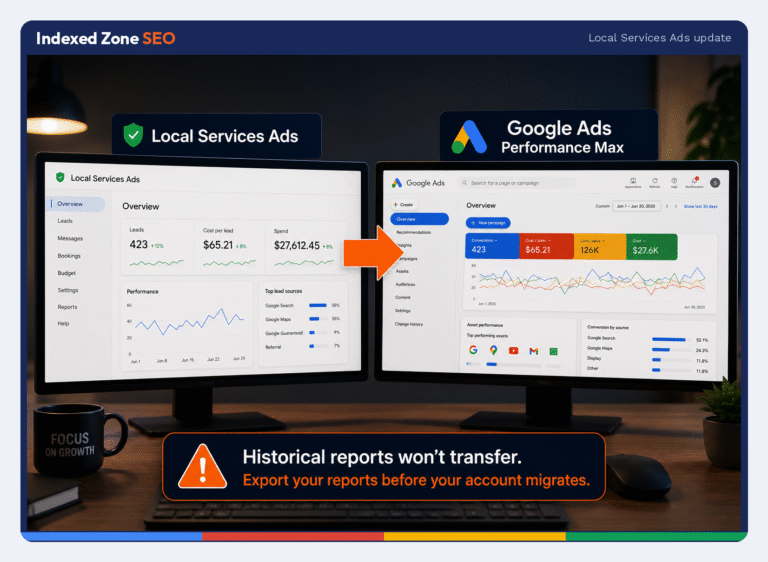 Local Services Ads dashboard moving into Google Ads Performance Max, with a warning that historical reports won't transfer, by Indexed Zone SEO