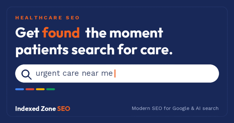 Healthcare SEO featured image with a search bar reading "urgent care near me," illustrating how patients find medical practices through Google and AI search.